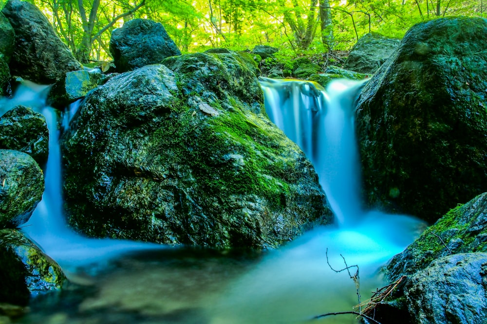 a small waterfall in the middle of a forest