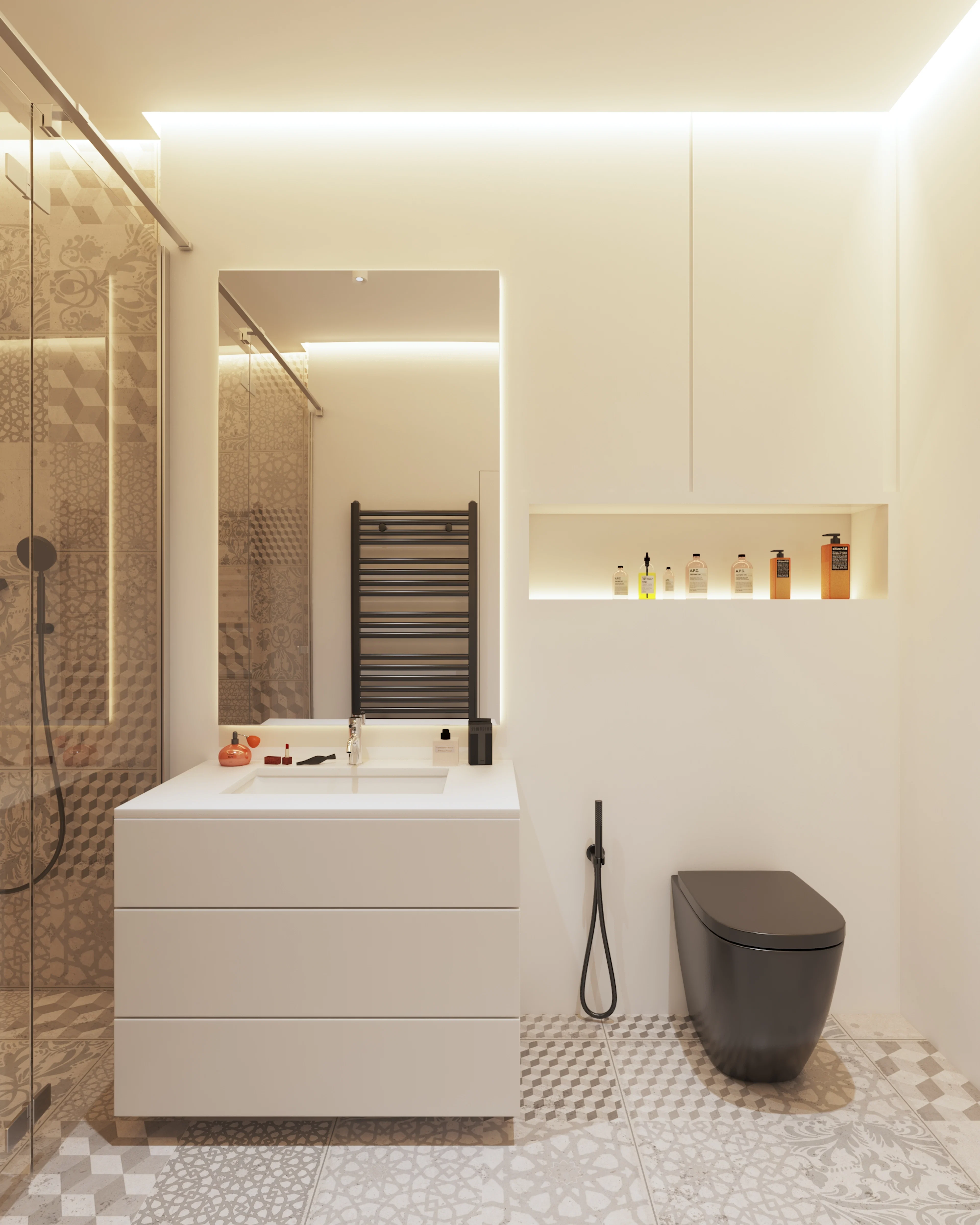 Bathroom with a basin, mirror and shower