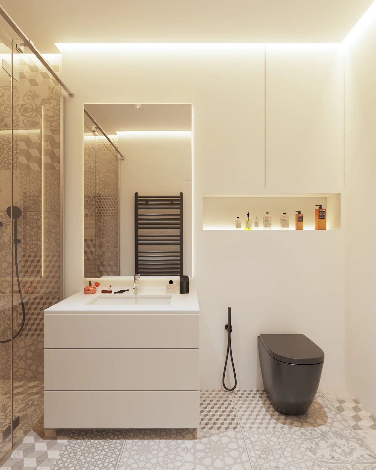 Salle de bain rénovée, meuble blanc et douche en verre