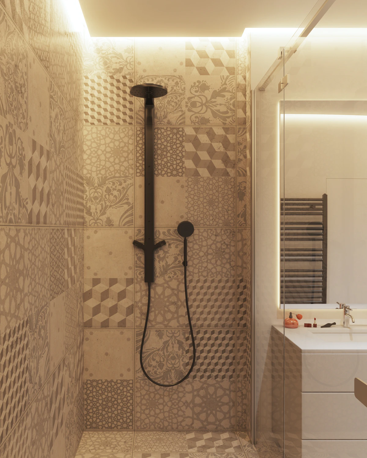 A modern bathroom with a tiled shower, sink and mirror.
