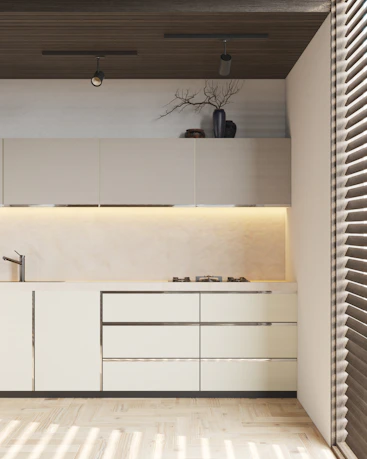 A sleek modern kitchen featuring warm wooden cabinets, elegant Corian countertops, and soft natural lighting.