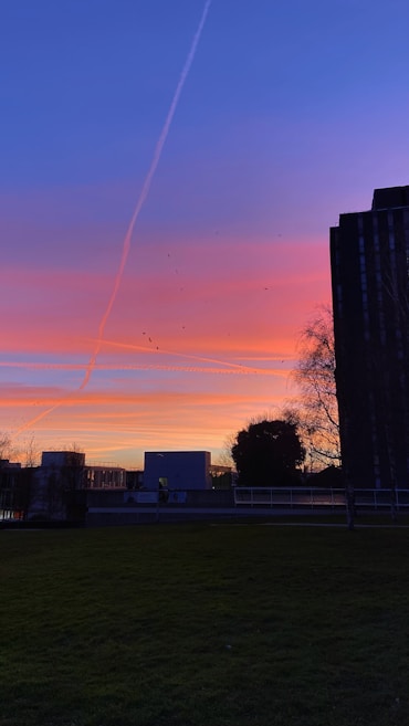 A vibrant sunset sky features a spectrum of colors ranging from orange to deep blue, with streaks from contrails cutting across the canvas. Silhouetted against the sky is a tall building and some trees, with a field of green grass in the foreground.