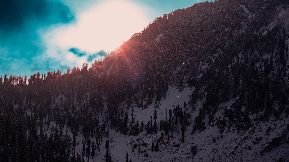 the sun shines brightly on a snowy mountain