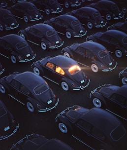 A vibrant collection of vintage Volkswagen cars.