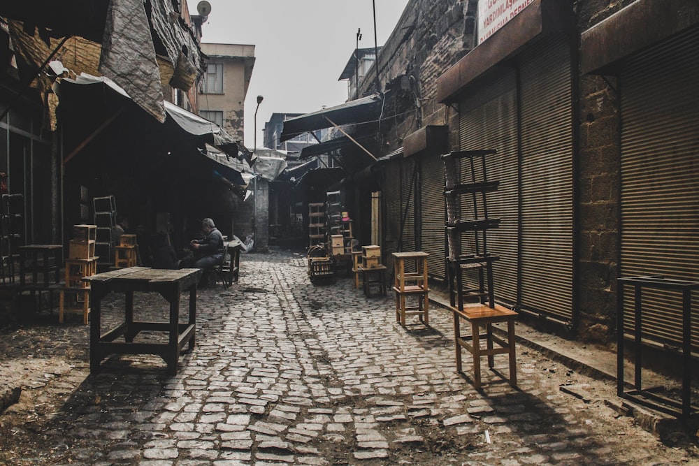 a cobblestone street in an old city