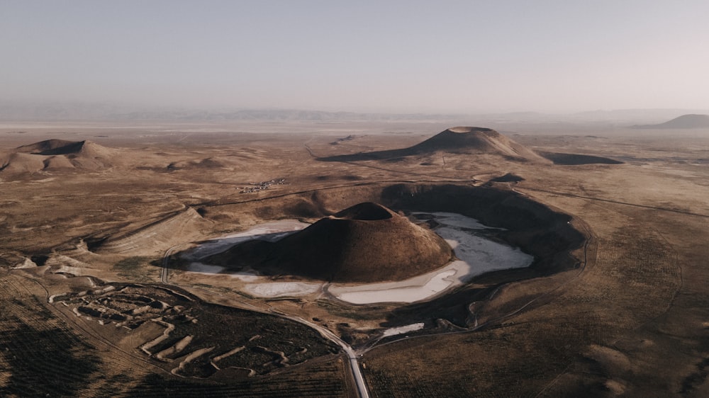 an aerial view of a desert with a river running through it