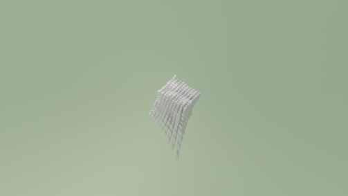 A geometric, three-dimensional object composed of a grid-like pattern floats against a light green background.