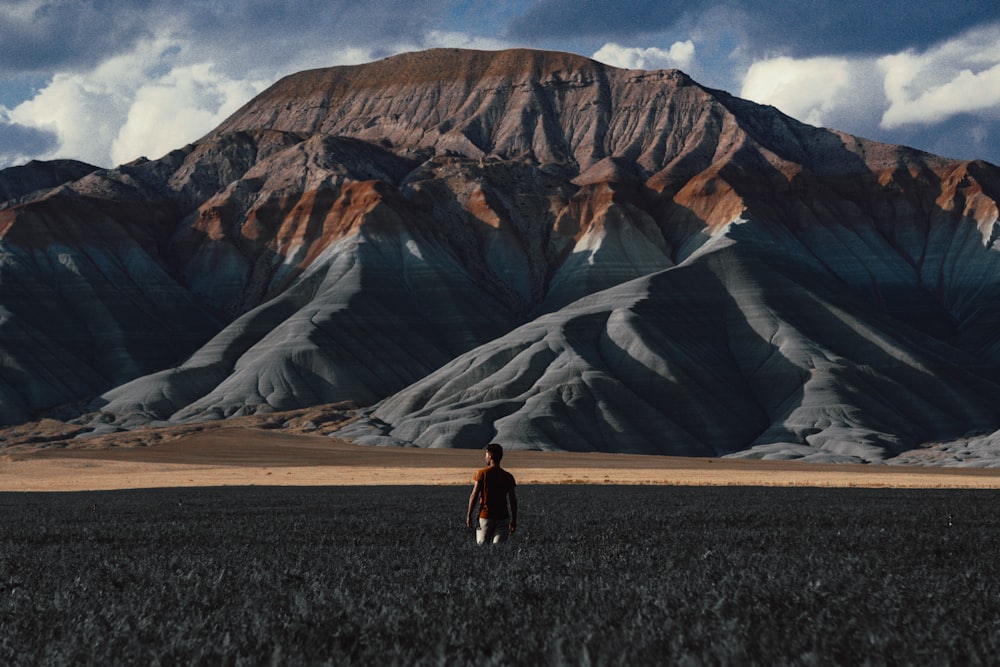 a person standing in a field with mountains in the background