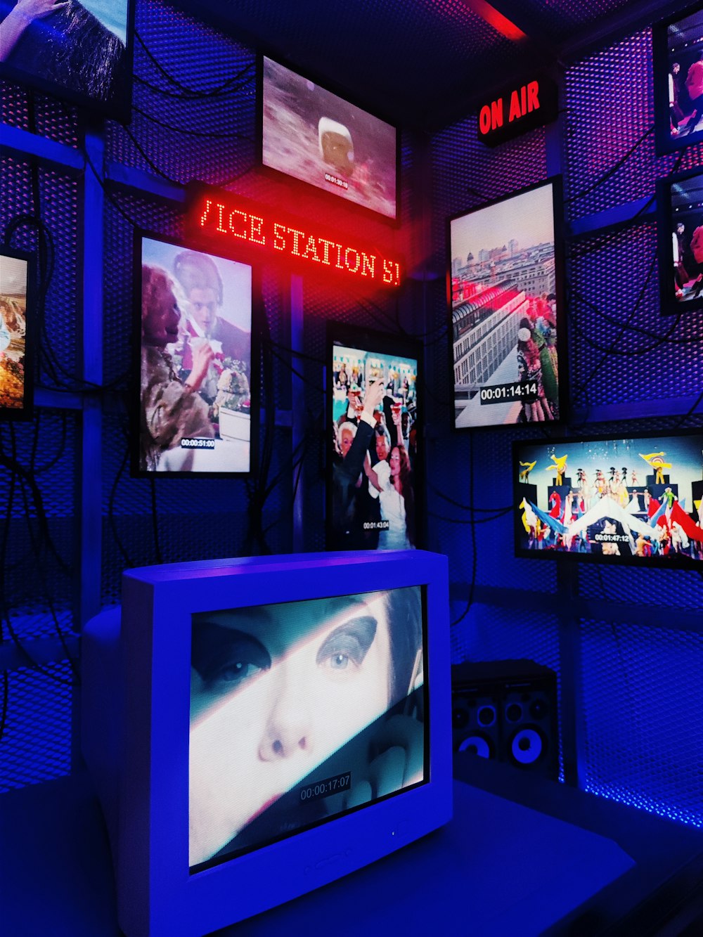 a television sitting on top of a table in a room