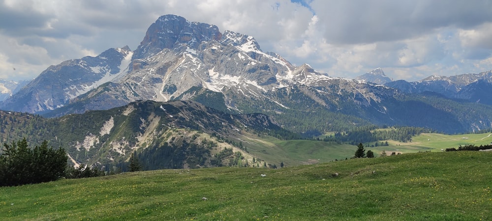 Un campo cubierto de hierba con una montaña al fondo