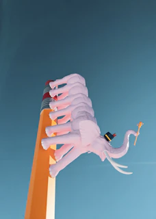 A whimsical sculpture of pink elephants stacked on top of a large pencil against a clear blue sky. The elephants wear hats and one is holding a staff.