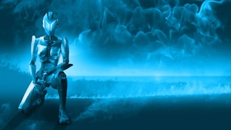 a robot standing in front of a blue background