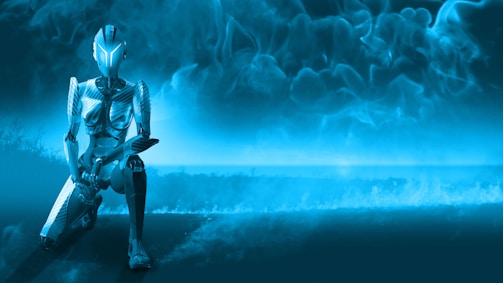 a robot standing in front of a blue background