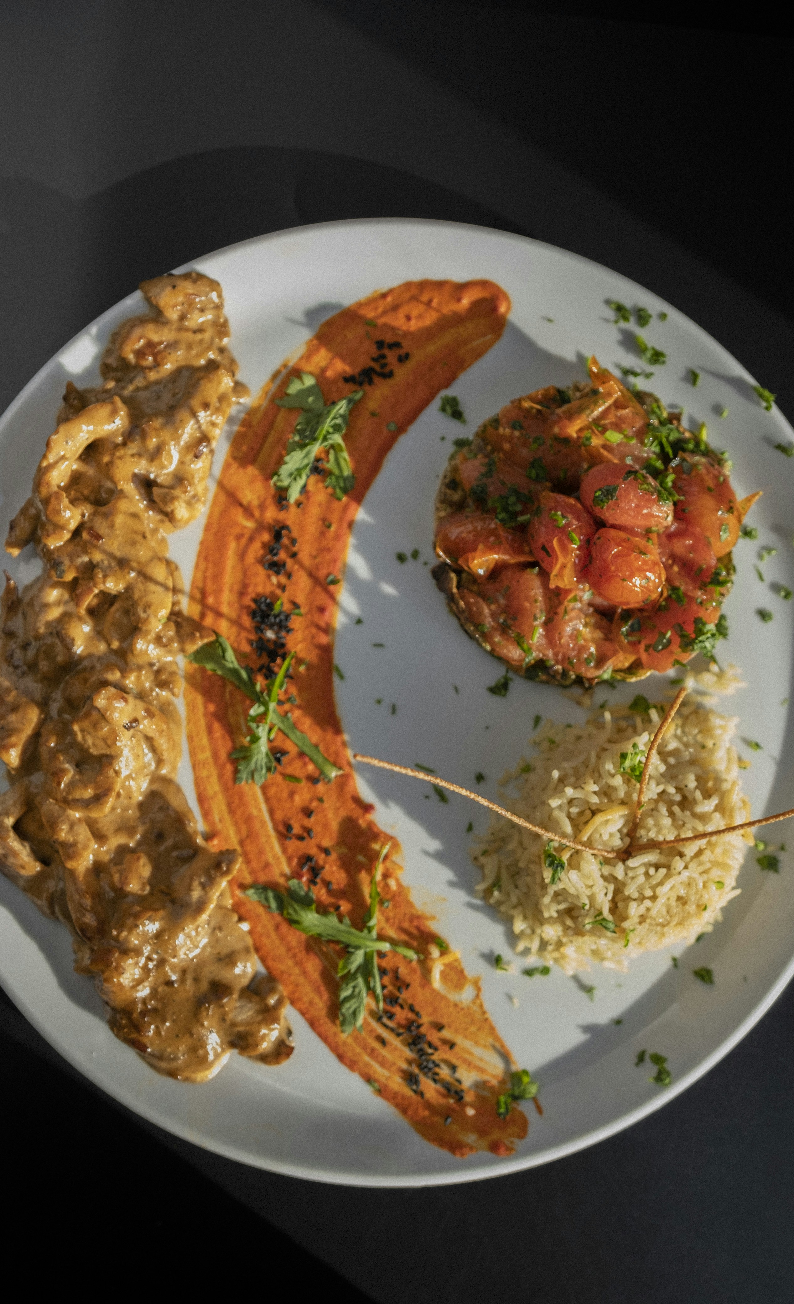 a white plate topped with different types of food