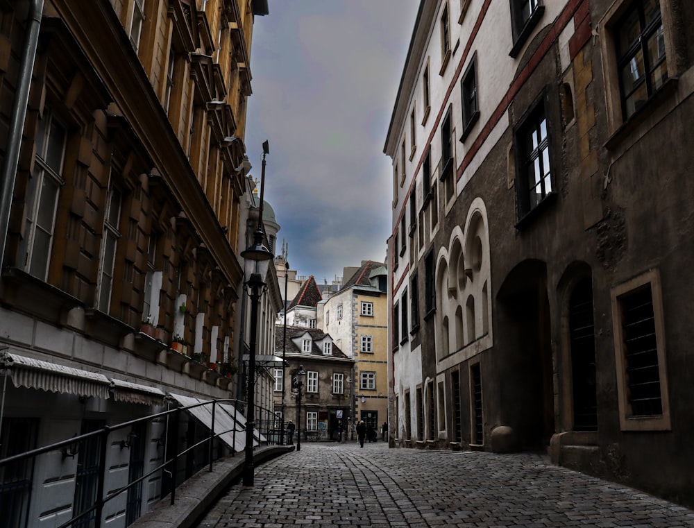 a cobblestone street in a european city