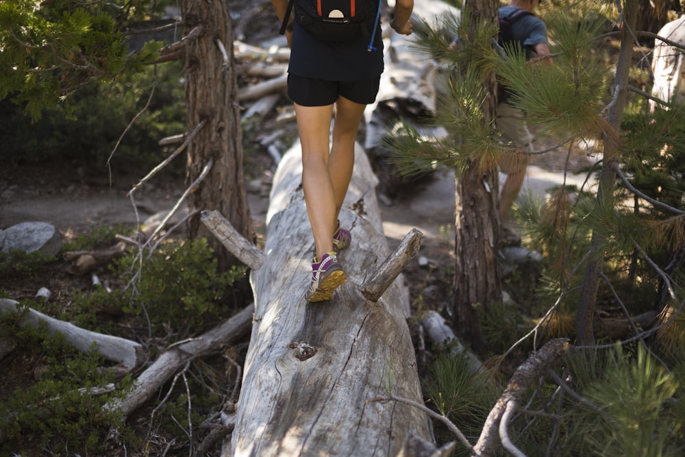 a person walking on a log in the woods
