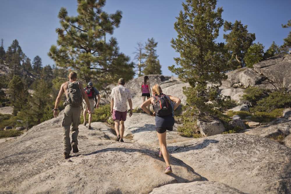 a group of people hiking up a mountain