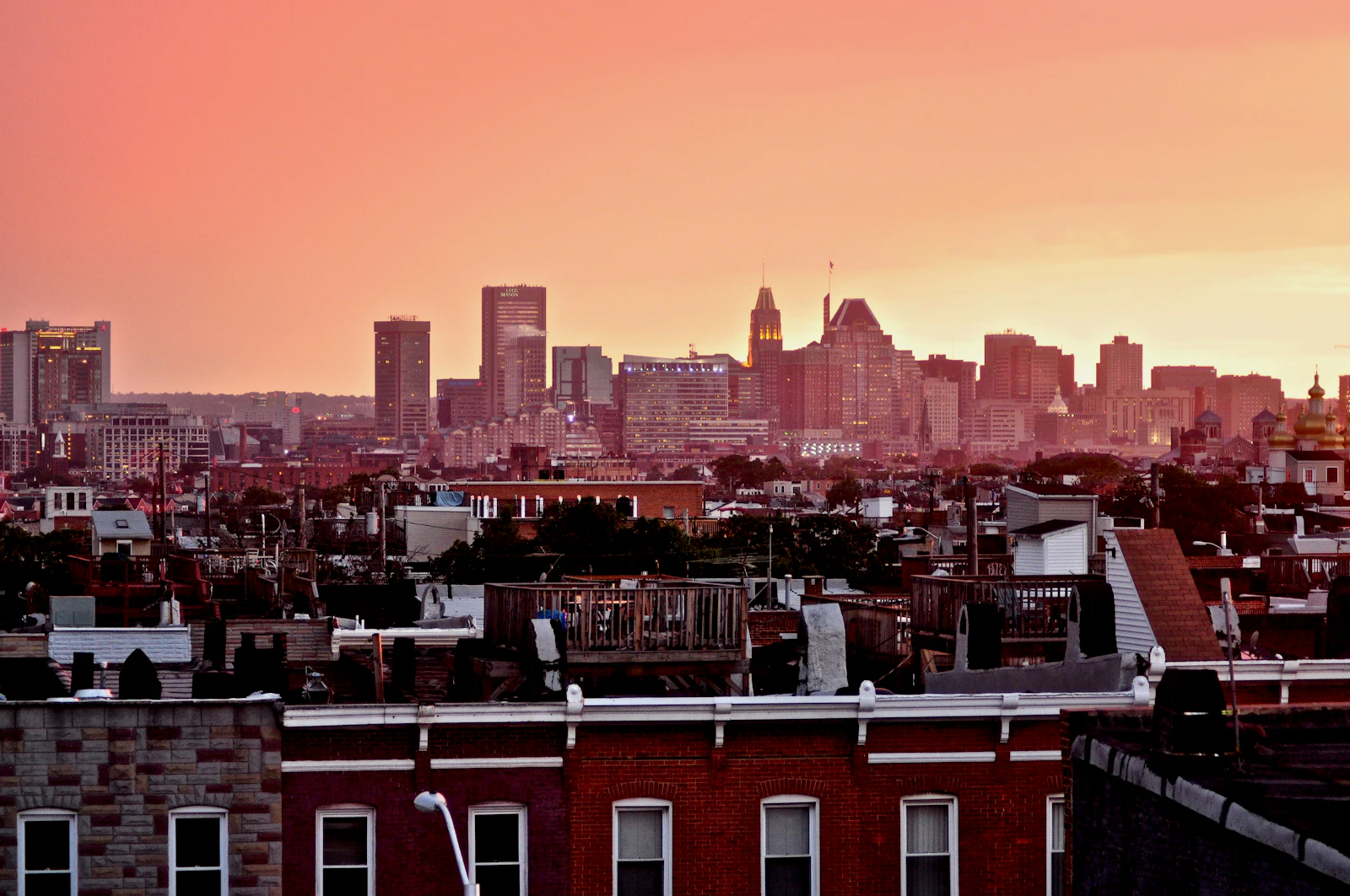 Downtown Baltimore skyline at sunset