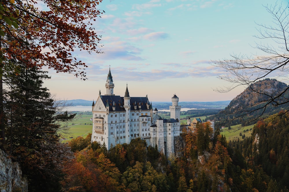 a castle on top of a hill surrounded by trees