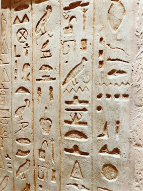 Intricately carved ancient Egyptian hieroglyphs on a stone surface, featuring various symbols and figures organized in vertical columns. The carvings exhibit a blend of abstract and representational forms, including birds, eyes, and geometric shapes, set against a textured background.