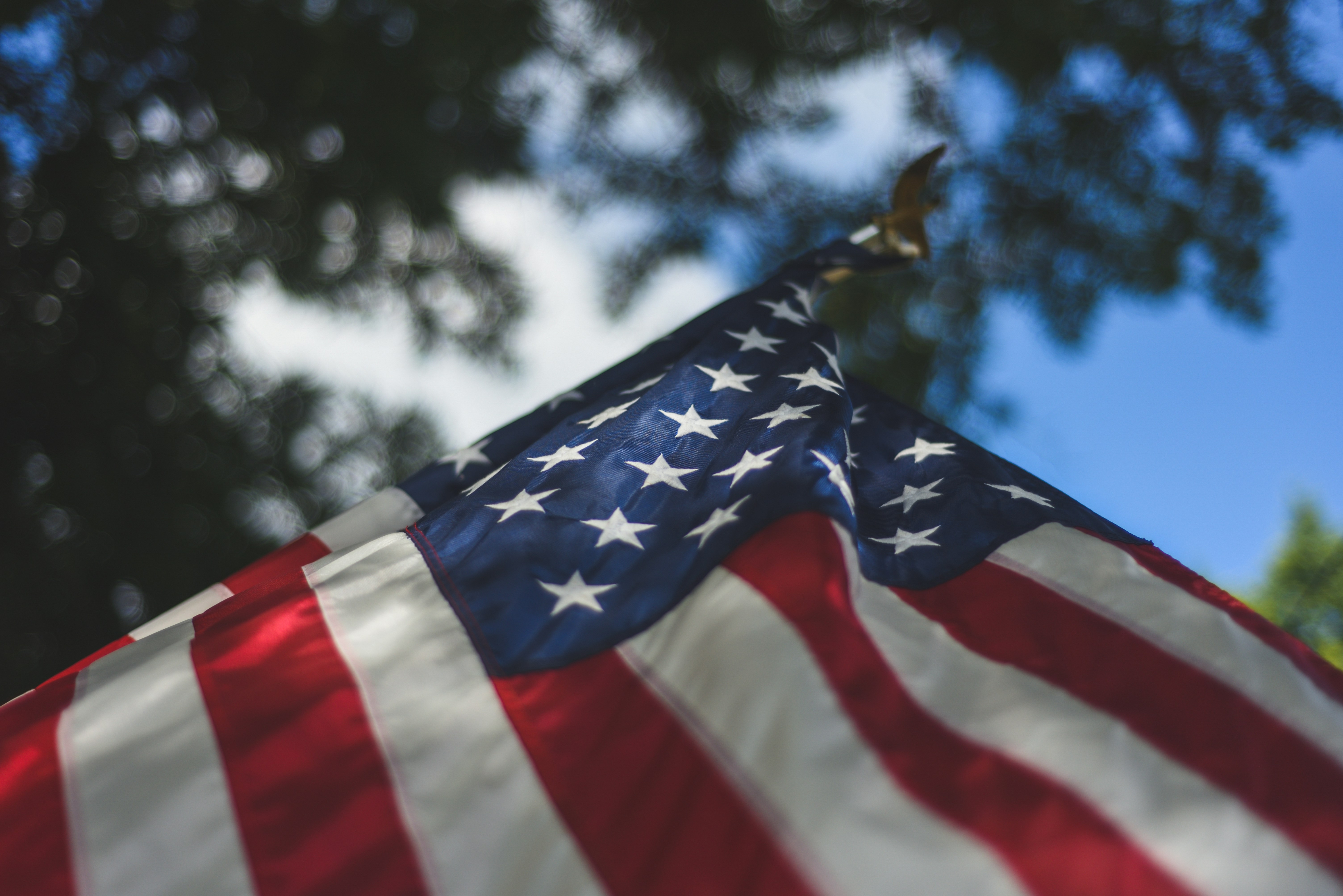 a close up of an american flag with trees in the background