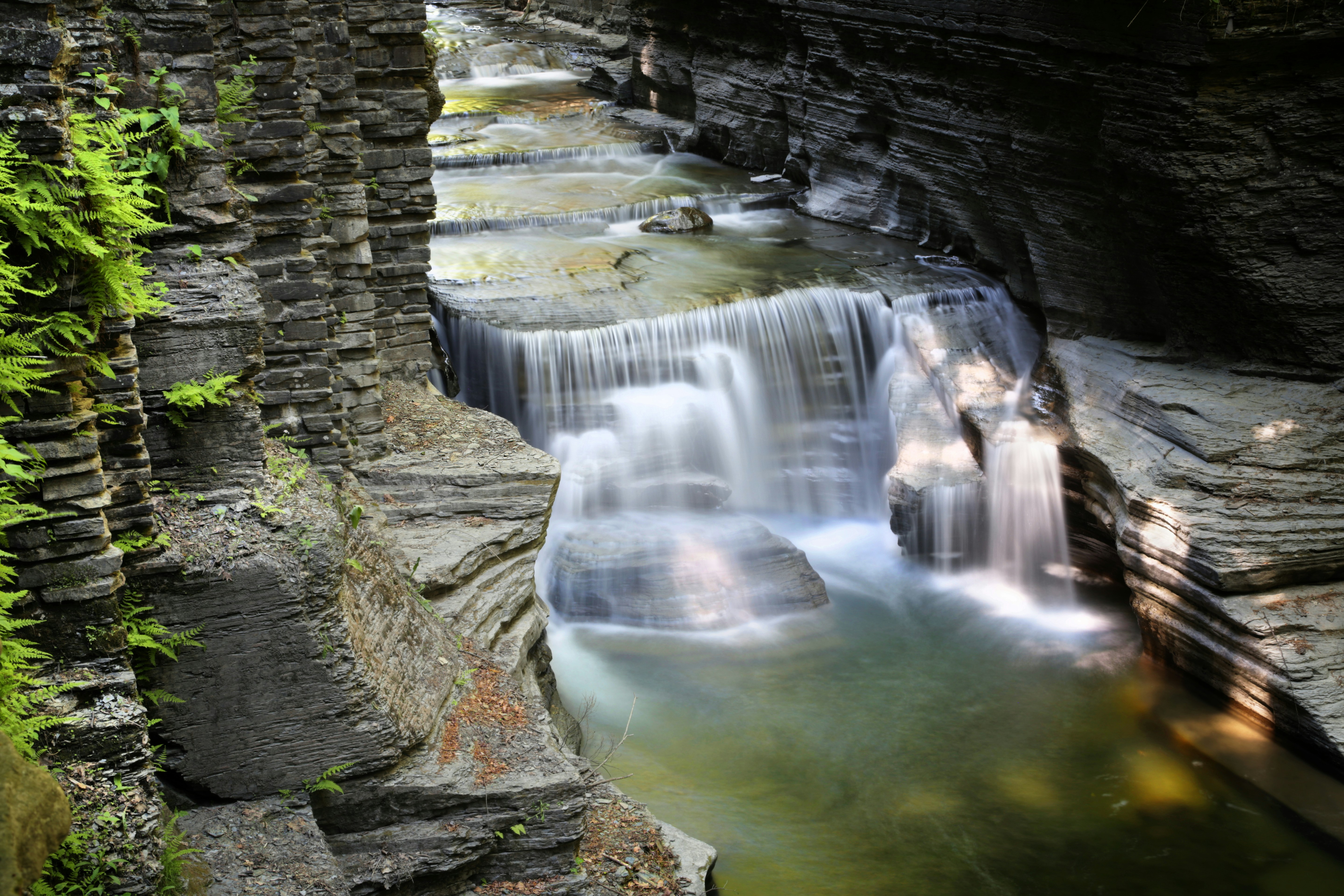 a small waterfall in the middle of a forest, The 
