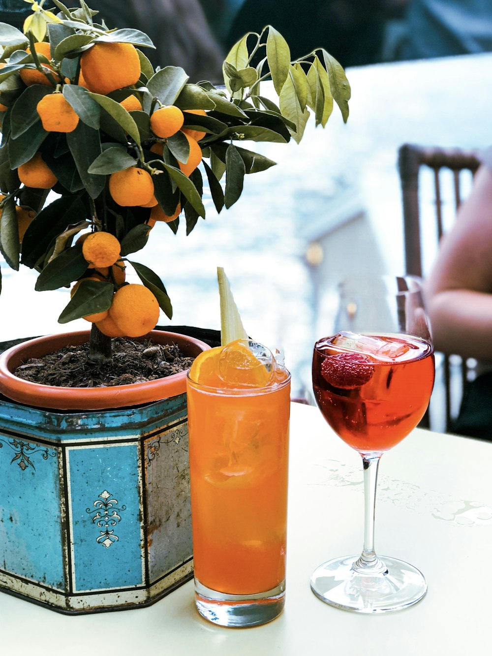 a table with two glasses of wine and a potted orange tree