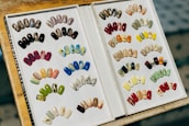 A display book featuring a variety of artificial nails with different designs and colors. The left side shows nails with a range of artistic patterns, including glitter, matte, and vibrant hues like pink, blue, and green. The right side presents more designs, including floral prints, geometric patterns, and glittering finishes. The nails are neatly organized in rows increasing the visual appeal of the collection.