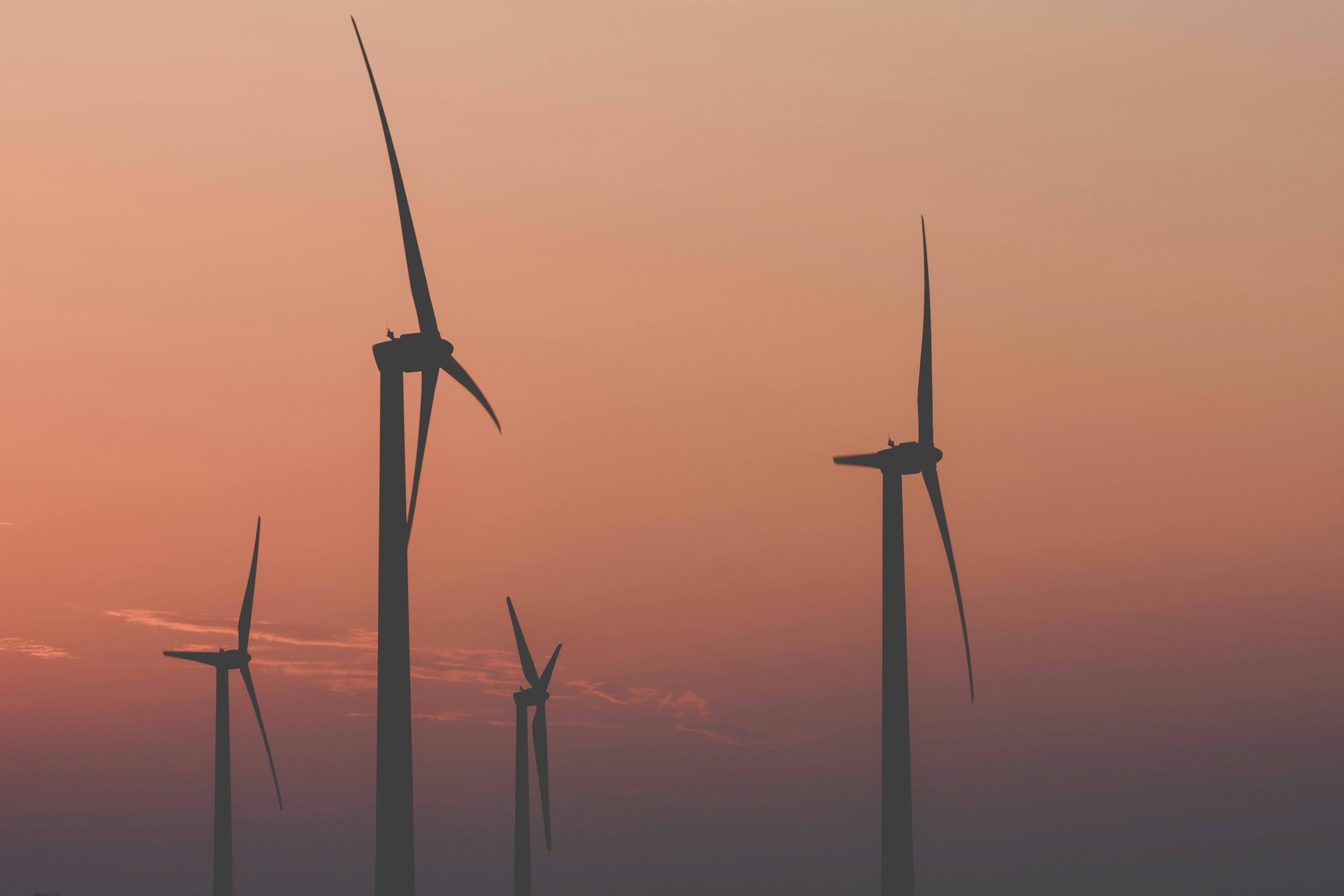 a group of windmills are silhouetted against a sunset