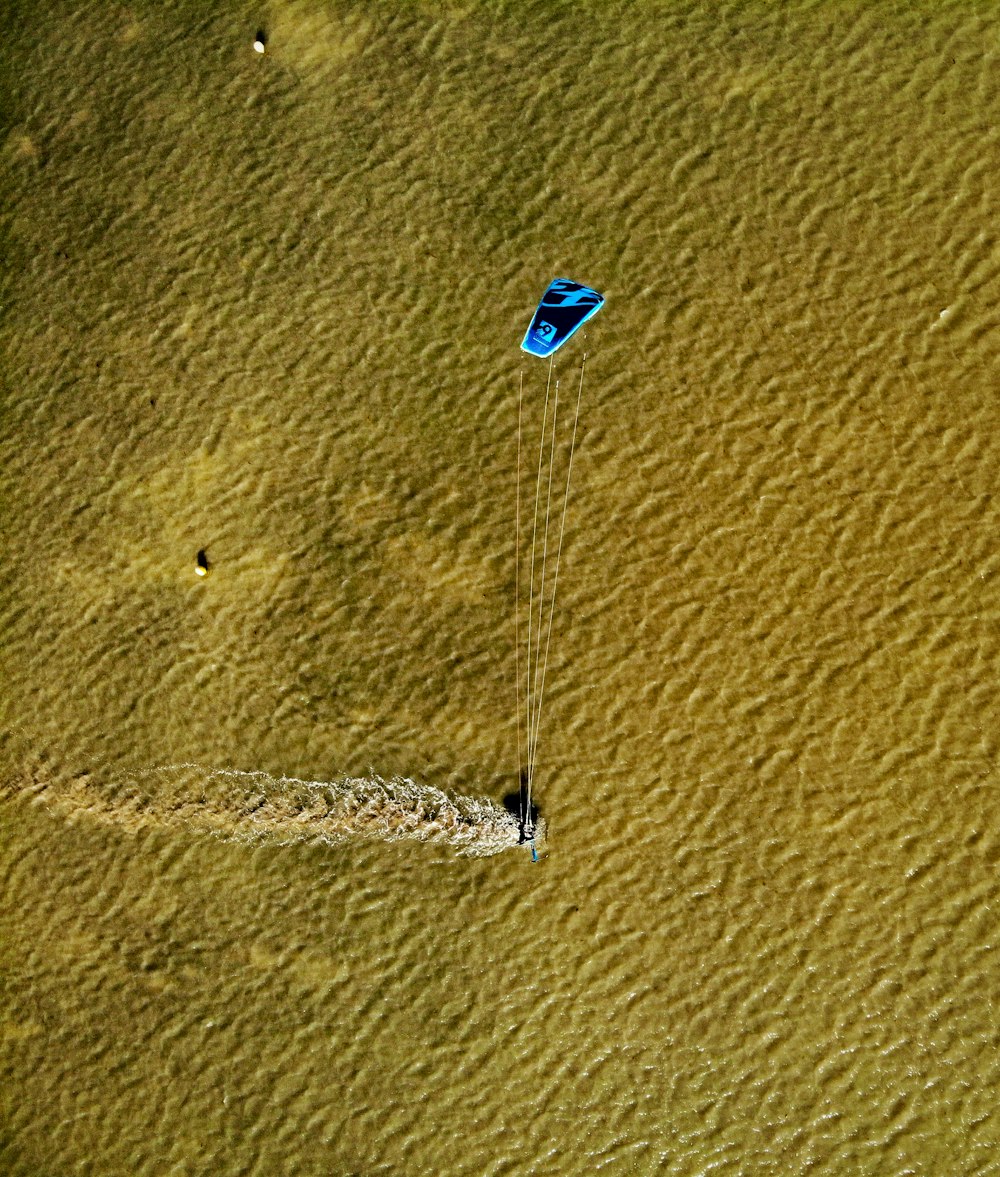 a blue kite is being flown in the air