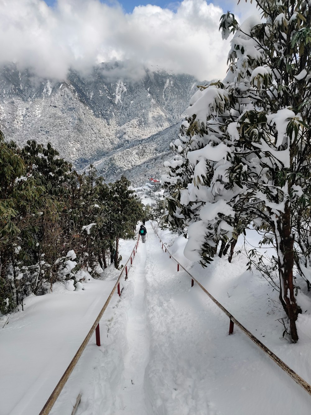 a person walking up a snow covered path