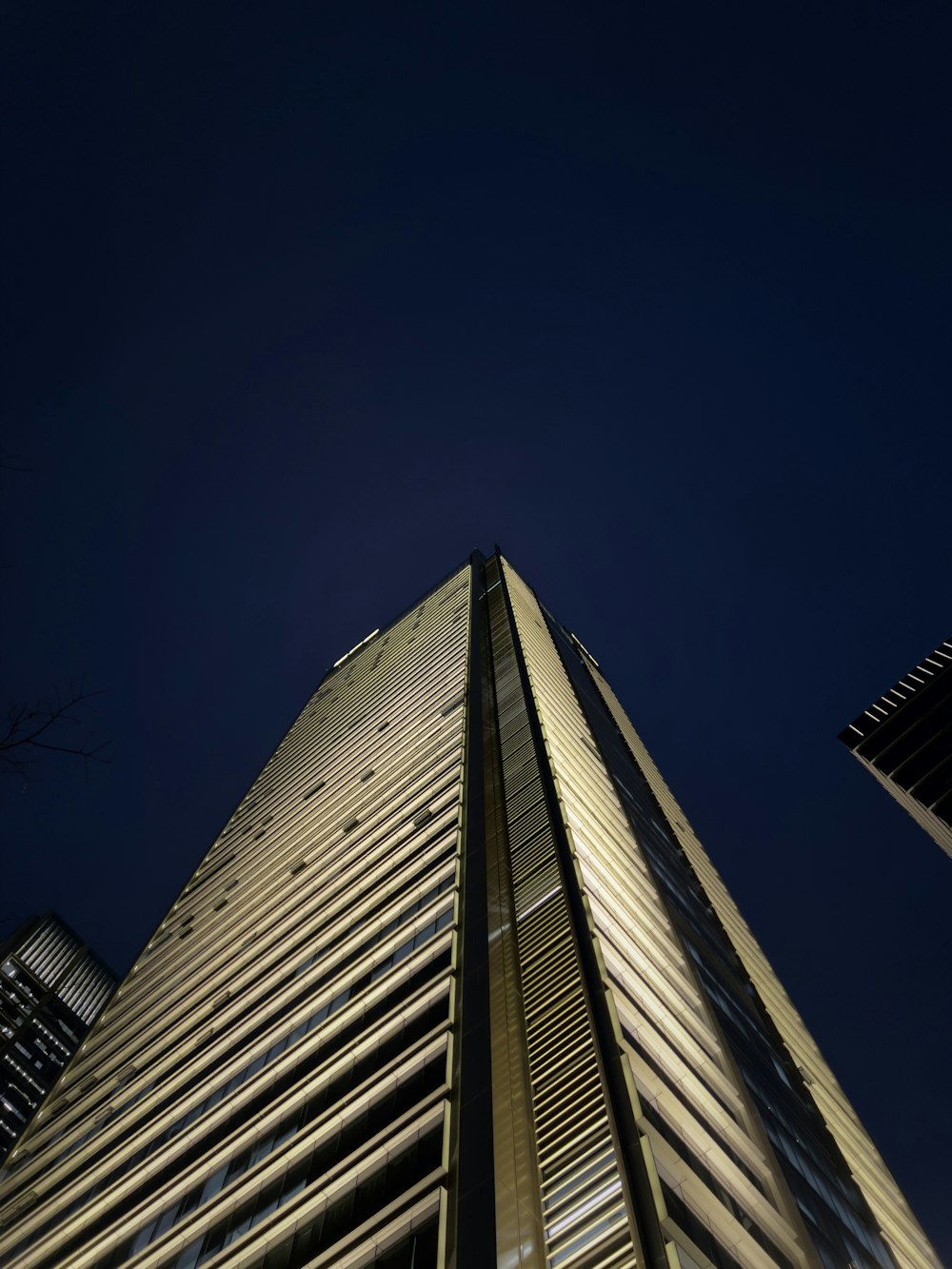 looking up at a tall building at night
