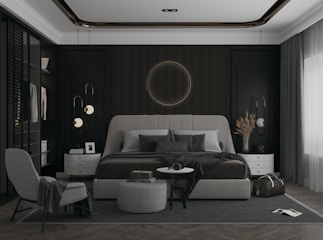 A beautifully designed modern bedroom set with elegant furnishings.