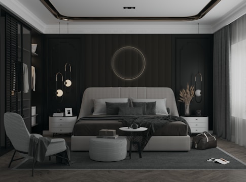 A beautifully designed modern bedroom set with elegant furnishings.