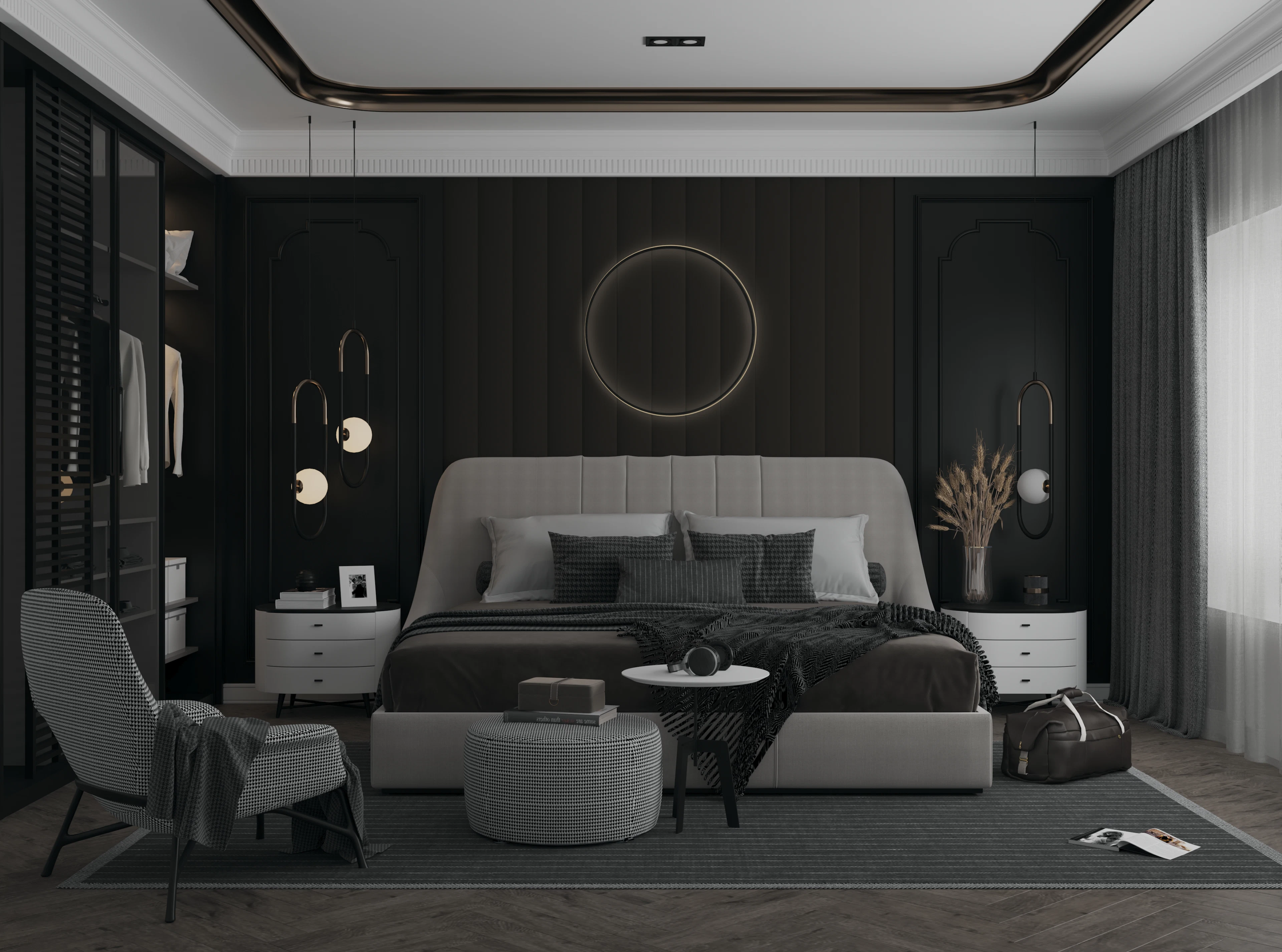 A dark, modern bedroom with an upholstered bed and a round wall light