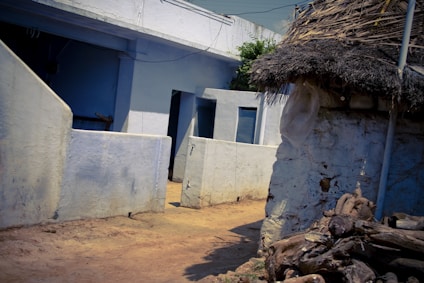 A rustic rural setting with simple, whitewashed buildings and a thatched roof structure, surrounded by a dirt path. There are some wooden logs in the foreground and green foliage visible above the buildings.