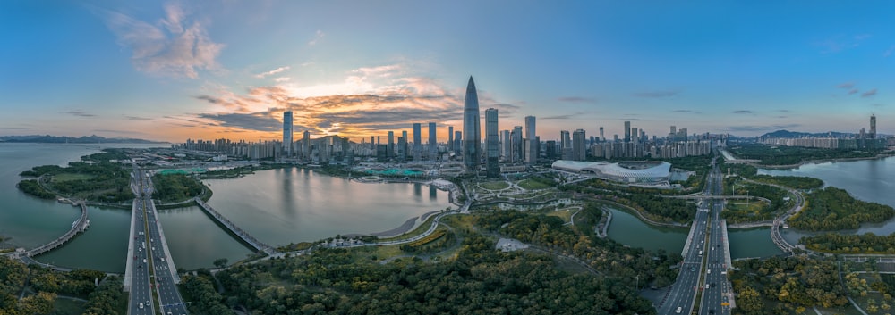 an aerial view of a city and a river