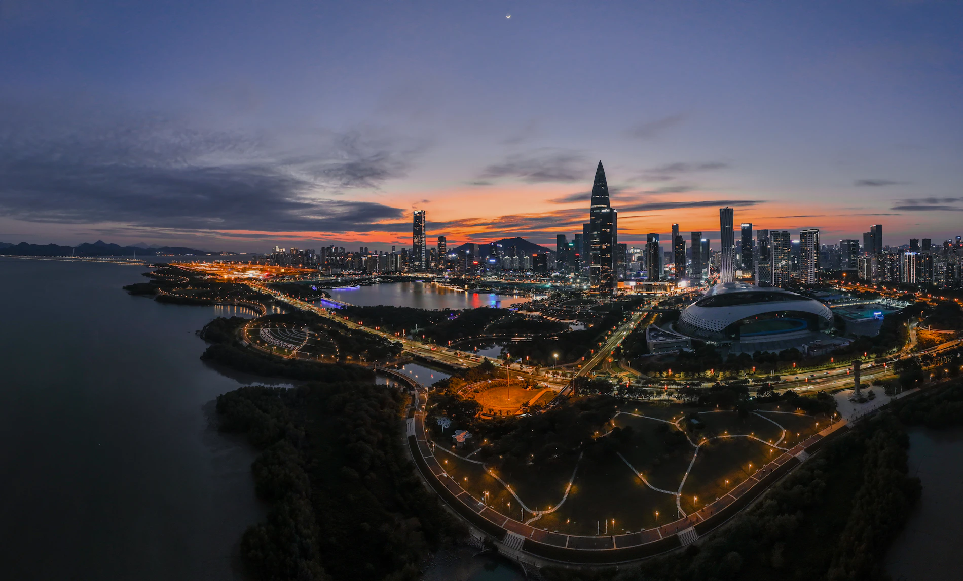 Aerial view of Shenzhen Bay at dusk