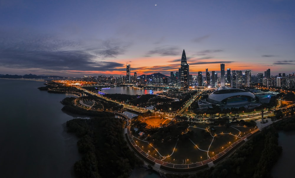 an aerial view of a city at night