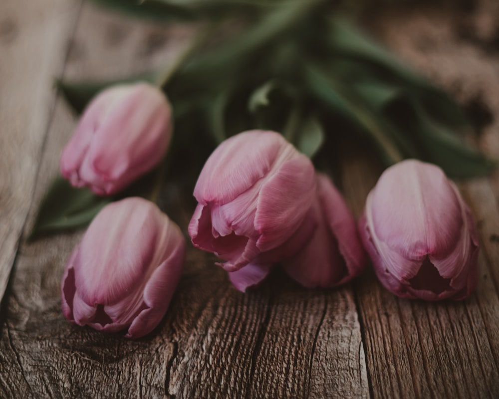 a bunch of pink tulips sitting on top of a wooden table