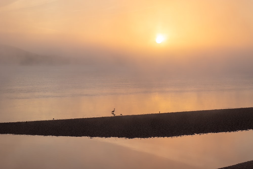 the sun is setting over the water on a foggy day