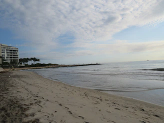 A sandy beach stretches along the shoreline with gentle waves lapping at the shore. To the left, there is a multi-story building with balconies, positioned near a cluster of palm trees. The sky is partly cloudy with patches of blue visible.