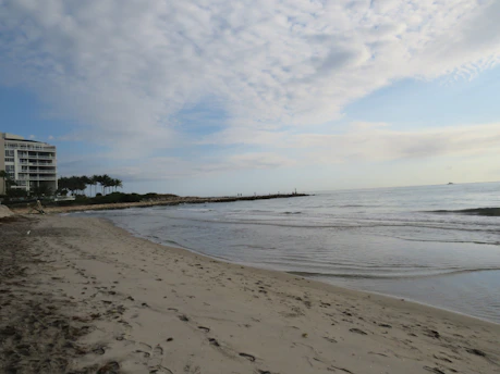 A sandy beach stretches along the shoreline with gentle waves lapping at the shore. To the left, there is a multi-story building with balconies, positioned near a cluster of palm trees. The sky is partly cloudy with patches of blue visible.
