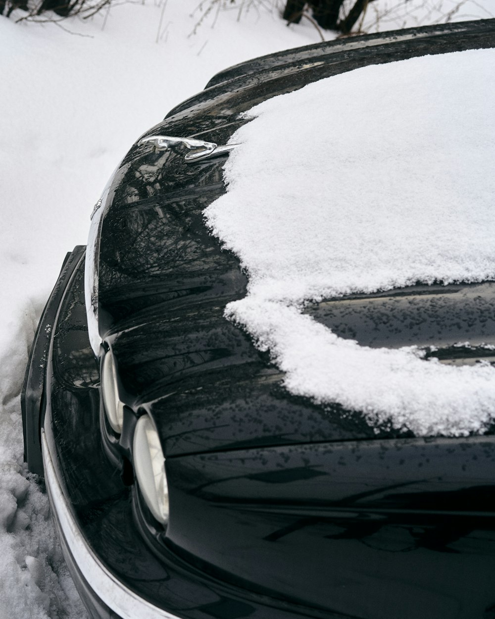 a black car covered in snow next to trees