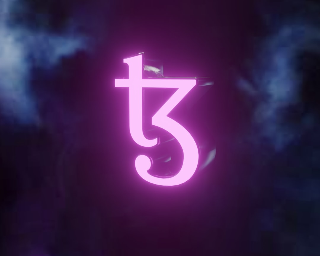 a purple neon sign with the number five on it, Tezos glow logo with border mettal