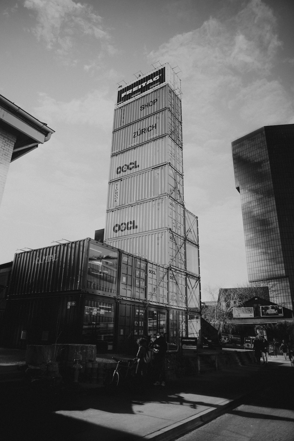 a black and white photo of a tall building