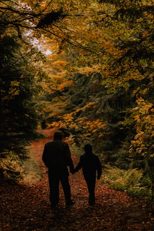 A couple walking hand-in-hand through a tree-lined path with fall foliage.