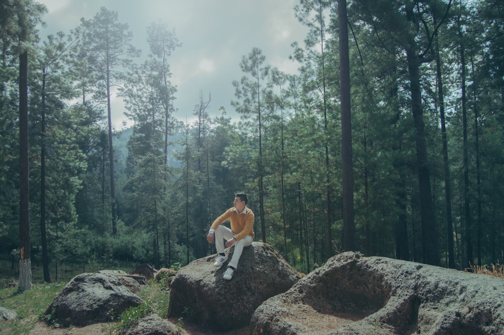 a man sitting on a rock in the middle of a forest