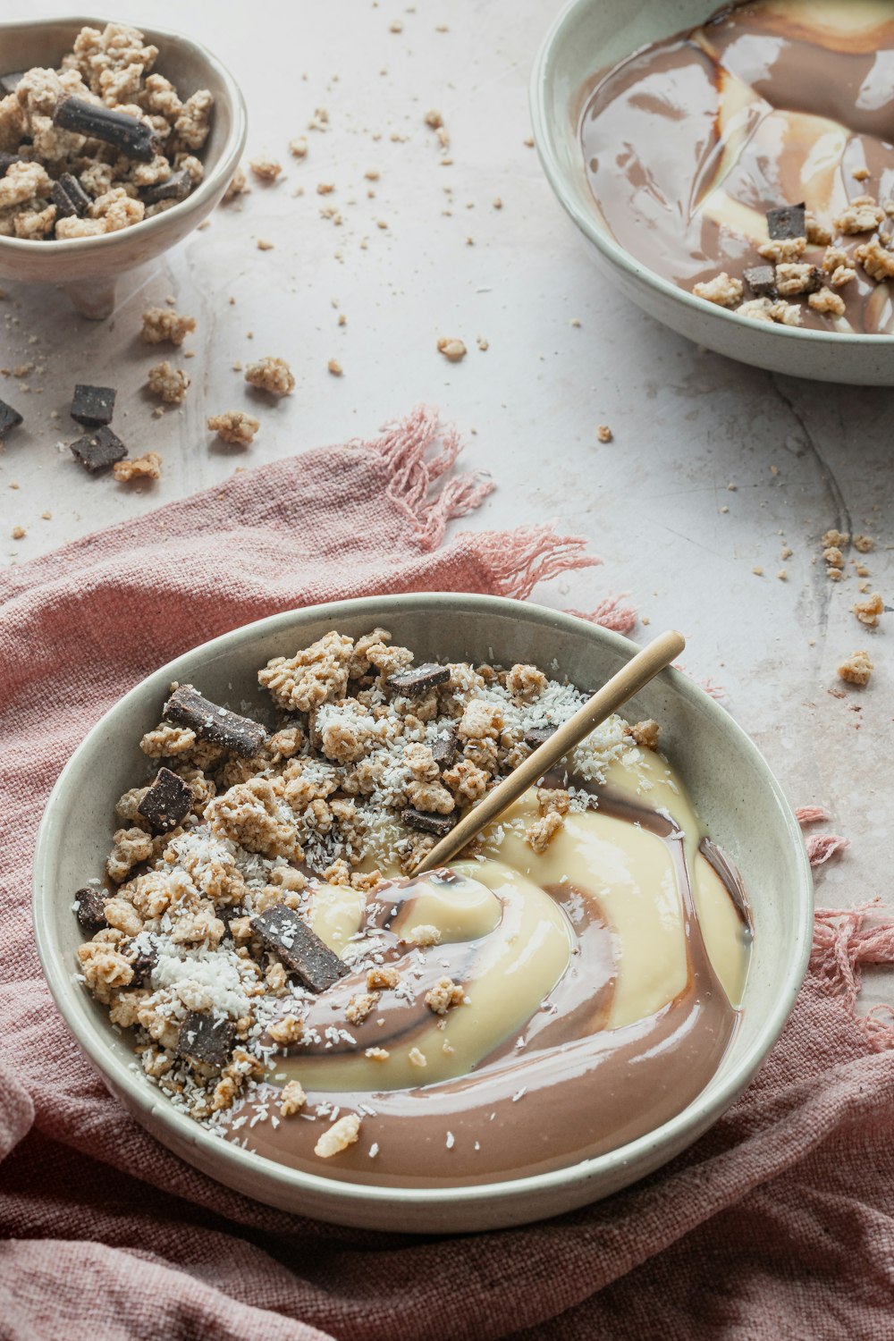 a bowl of cereal with a spoon in it