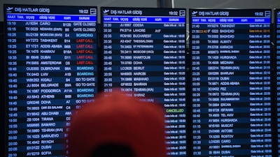 Three airport departure boards displaying various international flight details such as times, destinations, gate numbers, and status updates. The information is shown in white text on a dark background, with special indications like 'Last Call' and 'Boarding' highlighted in red. The text is in both English and another language. A blurry red object is partially visible in front of the boards.
